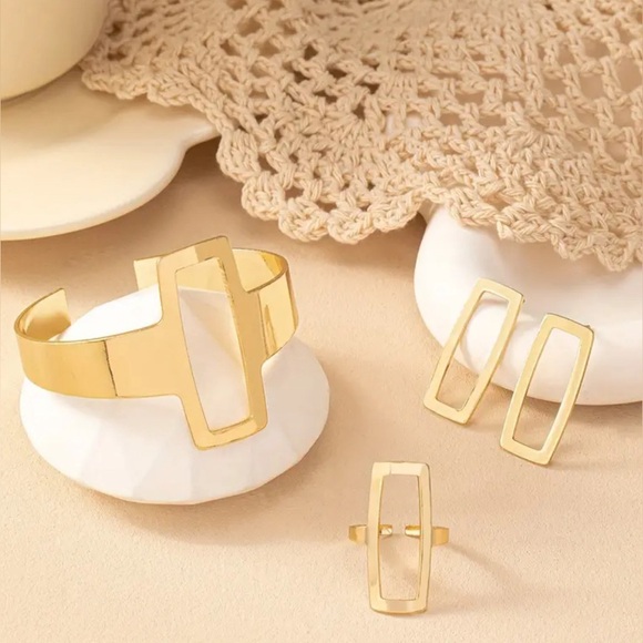 Elegant Adjustable Geometric Hollow Square Bangle, Earrings & Ring Set-4pc set - Picture 1 of 4